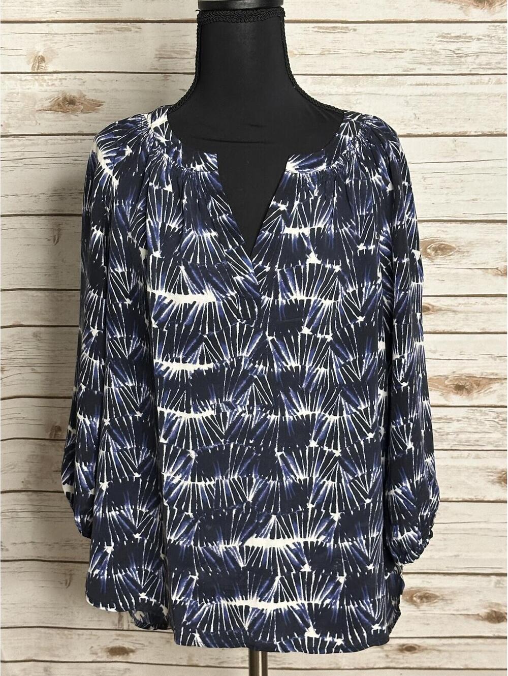 Cynthia Rowley 100% silk peasant blouse Size XS navy white tie-dye 3/4 sleeves